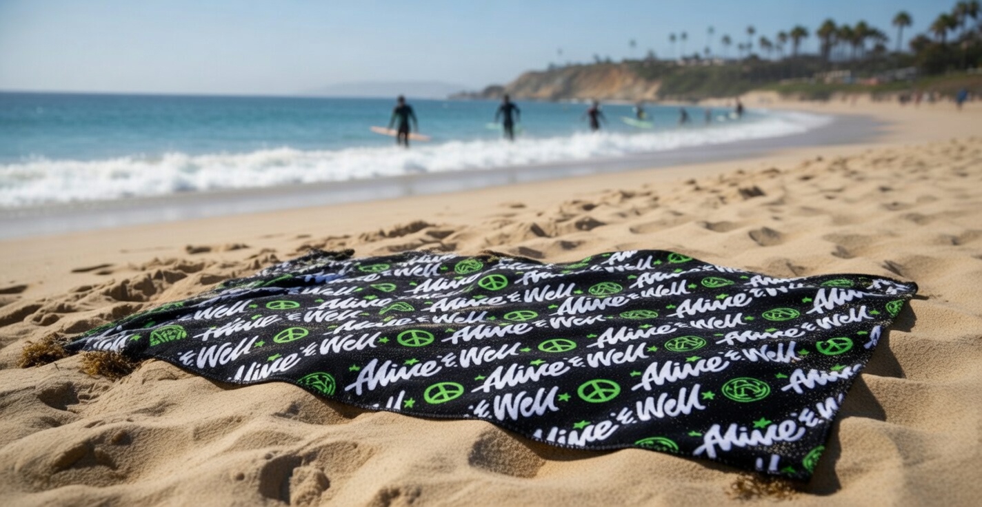 Alive & Well All-Over Beach Towel — Black