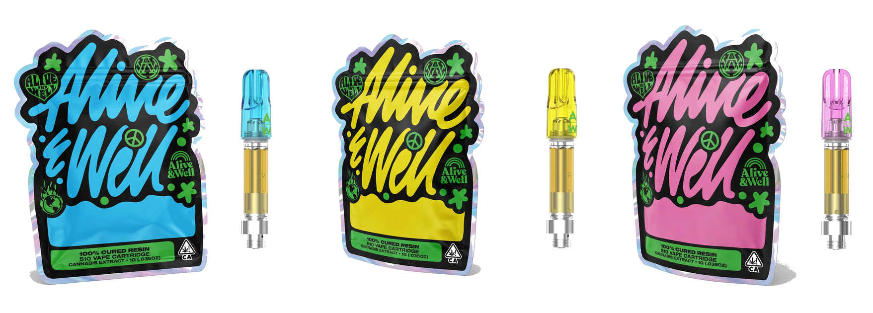 Alive & Well 1g 510 Thread Cured Resin Cannabis Vape Cartridges — California Packaging, All Three Colorways