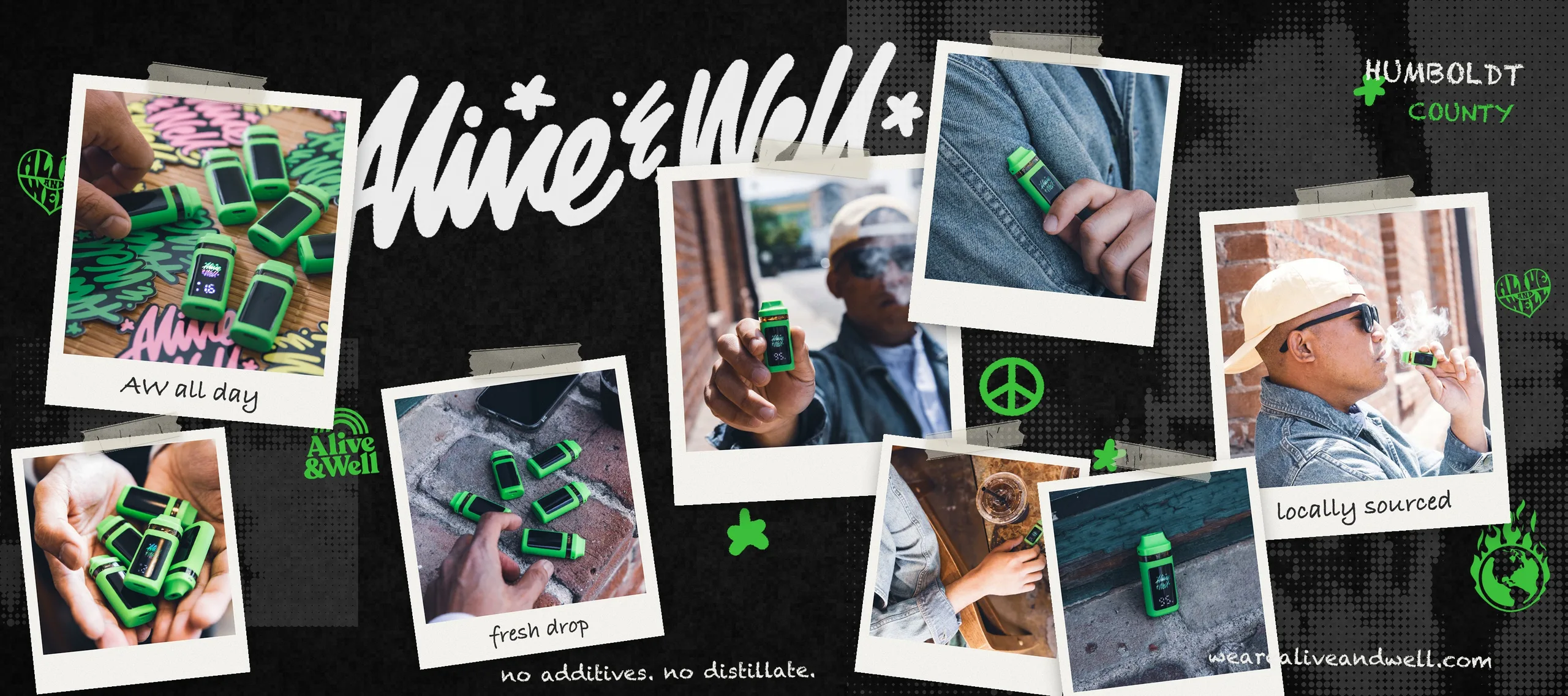 Alive & Well polaroid wall — cured resin vapes and Humboldt County lifestyle photos