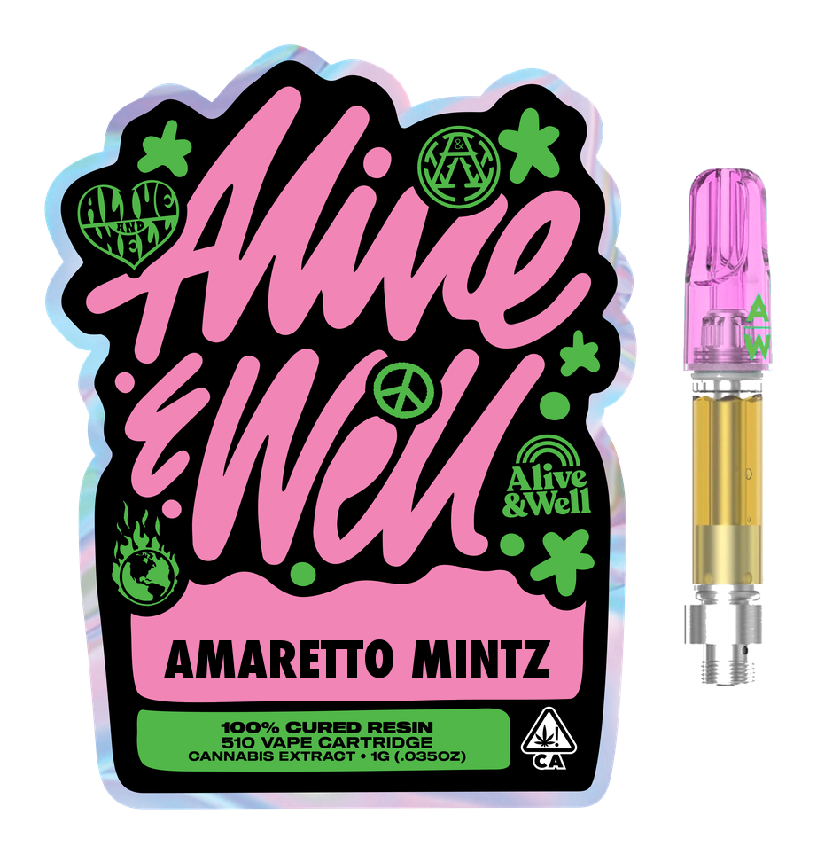 Amaretto Mintz hybrid — Alive & Well Cured Resin Cannabis Vape Cartridge with 510 device